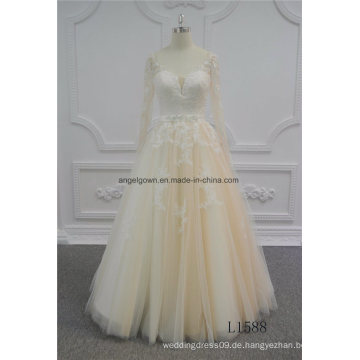 Langarm Champagner Prinzessin Spitze Brautkleid